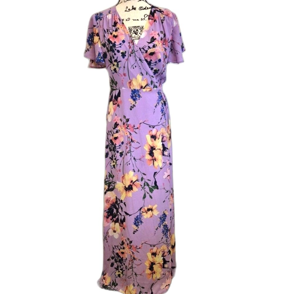 New York & Company Lavender Floral Wrap Maxi Dress S Flutter Sleeve Tie Waist
